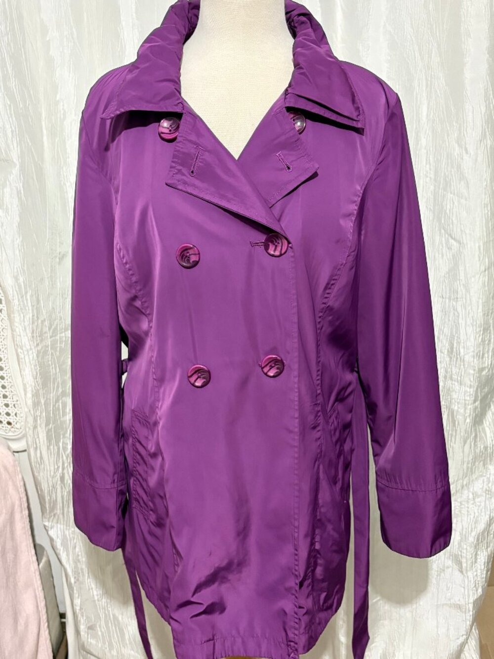 Purple Trench Coat Double Breasted PER UNA Rain resistant Lightweight Sz 16